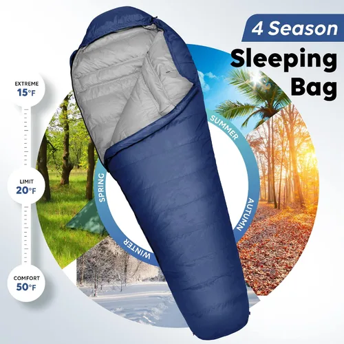 Vista 5 de TOBTOS Saco de dormir de momia, para 4 estaciones, para clima cálido y frío, saco de dormir para adultos, saco de dormir ligero con saco