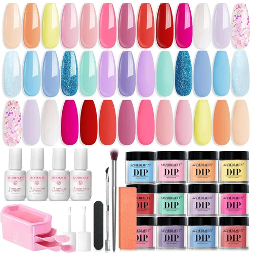Vista 18 de AzureBeauty - Kit de 31 piezas de polvo de inmersión para uñas, otoño, invierno, rojo y verde con purpurina