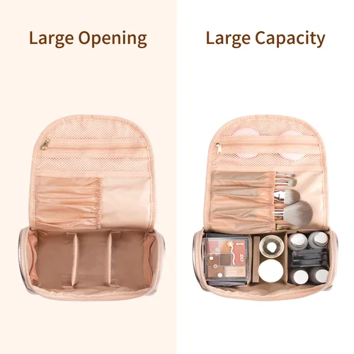Vista 3 de Elegante estuche de maquillaje y aseo de viaje para mujer; estuche organizador de brochas y maquillaje de gran capacidad y hecho de cuero vegano