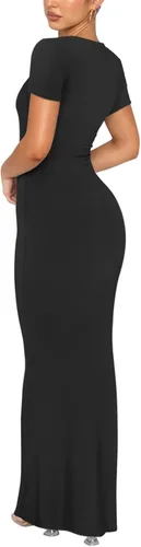 Vista 3 de REORIA - Vestido largo básico de verano para mujer, elegante, de manga corta, cuello redondo, ajustado, maxi vestidos