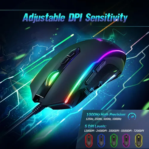 Vista 3 de Ratón para juegos con cable, ergonómico USB para computadora con 8 botones programables, ratón óptico para juegos con 16.8 millones