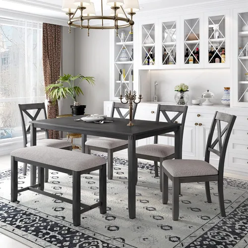 Vista 29 de Juego de mesa de comedor de madera de 6 piezas, juego de mesa de cocina con rectangular, juego de mesa de comedor con banco tapizado y 4 sillas