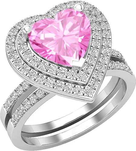 Vista 30 de Dazzlingrock Collection Juego de anillos de compromiso de doble halo con diamantes naturales redondos y piedras preciosas creadas en laboratorio