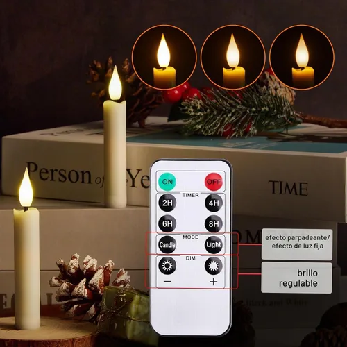 Vista 2 de IMAGE Juego de 12 velas LED cónicas sin llama, velas de marfil con mecha 3D con diseño de árbol de Navidad con clip, control remoto de 10 teclas
