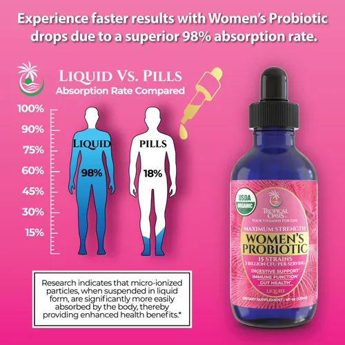 Vista 5 de Probiótico Líquido Orgánico USDA para Mujeres Equilibrio de pH, UT y Salud Femenina Apoyo Digestivo, Salud Inmunológica e Intestinal 15 Cepas