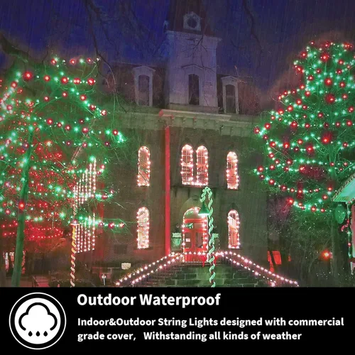 Vista 4 de Tira de luces de Navidad de 300 luces LED enchufables, 32 pies, para exteriores, impermeable, con control remoto, 10 modos de luces en racimo