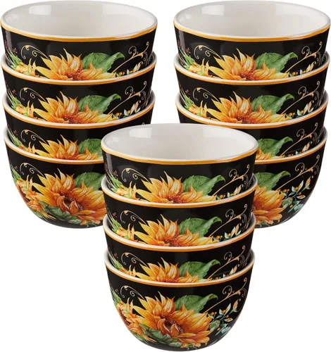 Vista 6 de Sunflower Fields - Cuencos de 5.25 pulgadas para helado/postre, 22 onzas, juego de 4 cuencos de cerámica ideales para golosinas congeladas, pudín