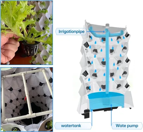 Vista 5 de Sistema de cultivo hidropónico de 40 macetas para acuaponía, torre de jardín, kit de cultivo aeropónico para interiores y exteriores, hierbas