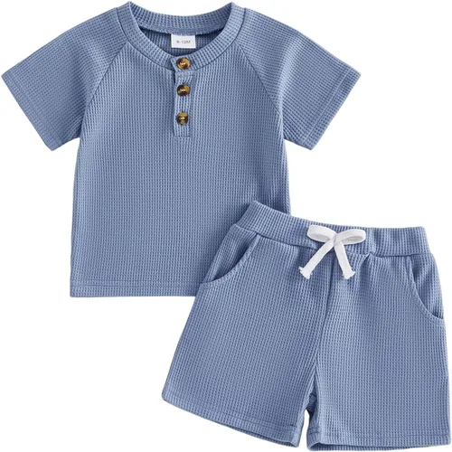 Vista 15 de MERSARIPHY Ropa para bebé niño de 6, 12, 18 meses, 2T 3T, traje de verano, punto gofre, a rayas, informal, camiseta y pantalones cortos