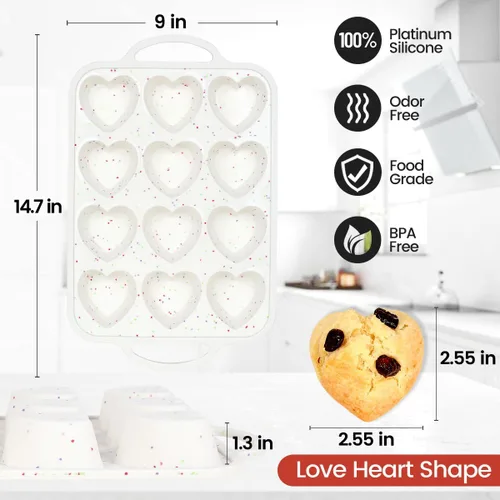 Vista 4 de CAKETIME Molde para magdalenas con forma de corazón con marco metálico, moldes de silicona antiadherentes en forma de corazón para hornear muffins