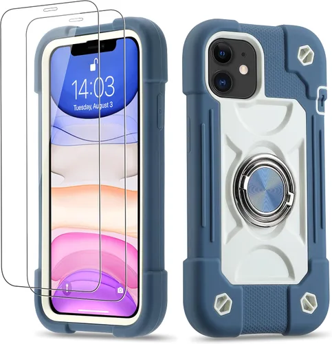Vista 46 de Funda para iPhone 11 de 6.1 pulgadas con soporte de anillo, con 2 protectores de pantalla de vidrio, resistente a los golpes, resistente a