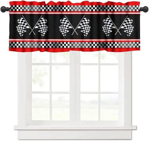 Vista 32 de Cortina de cenefas retro de los años 50, reparación de publicidad de automóvil, garaje, clásicos, bolsillo para barra, tratamientos de ventana corta