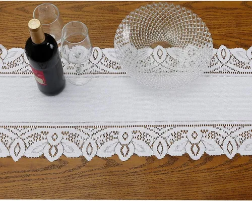 Vista 5 de rockcloud Camino de mesa de encaje para decoración de banquetes de boda, decoración de mesa de fiesta de Navidad, blanco, 13 x 70 pulgadas White E