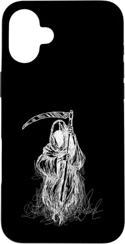 Vista 22 de iPhone 16 Halloween Grim Reaper Ghost with Scythe, Hand Sketch Case