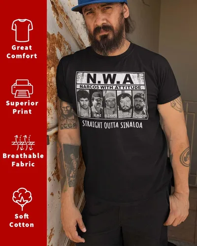 Vista 2 de ShirtBANC Narcos con actitud camiseta para hombre Sinaloa cartel Tee drogas distribuidor engranaje