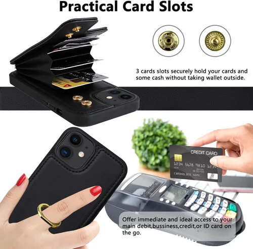 Vista 4 de Funda compatible con iPhone 11 con tarjetero y soporte para tarjetas, soporte de anillo de dedo de rotación de 360º, función atril, protección RFID