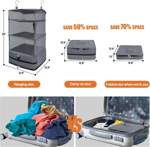 Vista 4 de Caroeas Estantes de viaje colgantes portátiles, bolsa organizadora de maleta, cubos de equipaje de mano para viajes, maleta de 4 estantes con 2