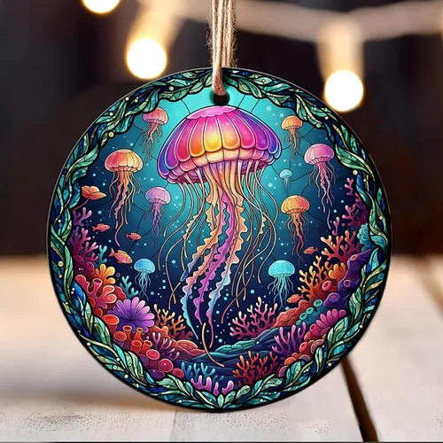 Vista 7 de Velyra Adorno de Navidad 2025 – Adorno de cerámica estilo vitral de medusas, decoración bajo el mar para árbol, regalo de arte de vida marina