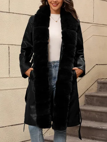Vista 6 de Bellivera Women's Faux Leather Jacket Furry Trim Parka Coat Negro