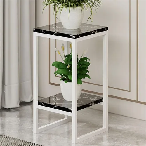 Vista 15 de Mesa cuadrada simple de madera de varios niveles con estante de almacenamiento, soporte para maceta de hierro forjado para sala de estar en Negro