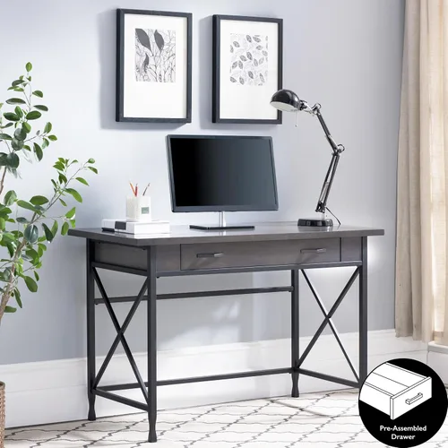 Vista 4 de Leick Home 23400 Chisel & Forge - Escritorio para computadora con cajón frontal para teclado, gris ahumado y negro mate