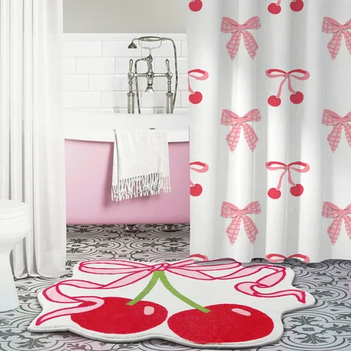 Vista 6 de Duraaamo Alfombra de baño con lazo de cereza de 23.6 x 21.3 pulgadas, bonito lazo rosa, decoración de baño, suave, antideslizante, absorbente