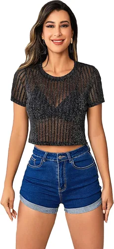 Vista 6 de Verdusa Camiseta corta de malla para mujer, manga corta, cuello redondo, transparente, camiseta