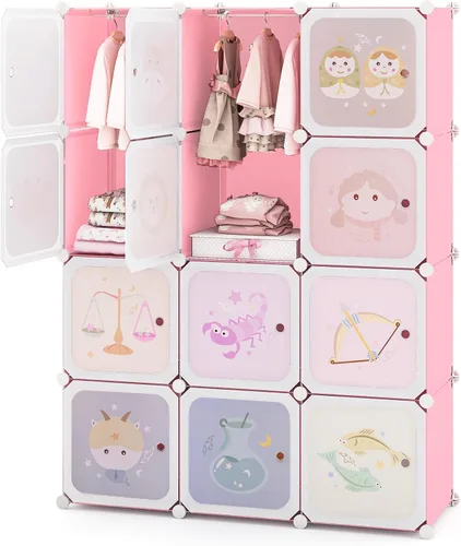 Vista 13 de Costzon Armario para Niños, Organizador de Almacenamiento Modular de Tocador de Dibujos Animados DIY con 12 Cubos y 2 Percheros para Colgar Ropa