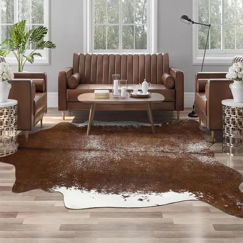 Vista 19 de Alfombra de piel de vaca sintética AROGAN, alfombra premium con estampado de vaca para decoración occidental boho, piel de vaca para dormitorio Negro