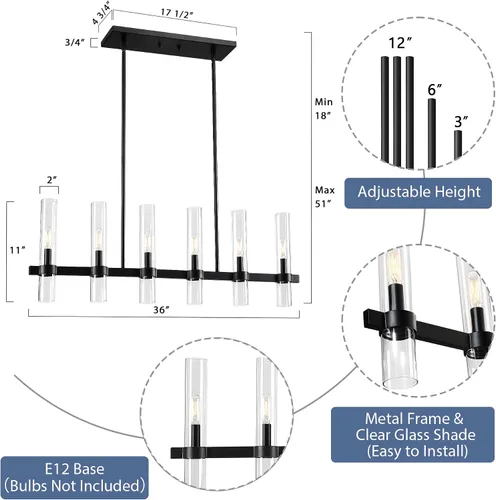 Vista 2 de Untrammelife Lámpara de Isla Lineal Moderna, Candelabro Grande Negro de 6 Luces de 36" de Ancho, Lámpara Colgante Rectangular con Pantalla de Vidrio