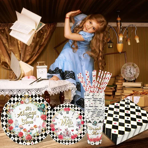 Vista 4 de Decoraciones para la fiesta del té de Alicia - Platos de papel para baby shower, servilletas, tazas y pajitas para 24 invitados, juego de vajilla