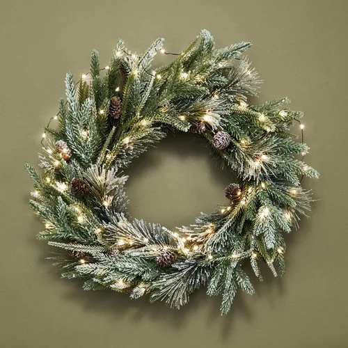 Vista 2 de LampLust Corona de Navidad para puerta delantera con luces, corona de ciprés de 22 pulgadas