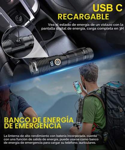 Vista 6 de Linterna recargable de alto lúmenes, luz magnética súper brillante con pantalla digital de potencia, largo alcance, regulable, impermeable, linterna