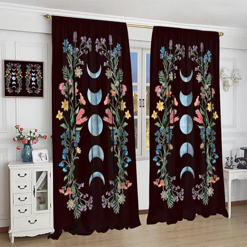 Vista 4 de Cortinas florales de luna, flores negras, fase de flores silvestres, luz de luna, jardín, estética, bohemio, primavera, vides, naturaleza, juego