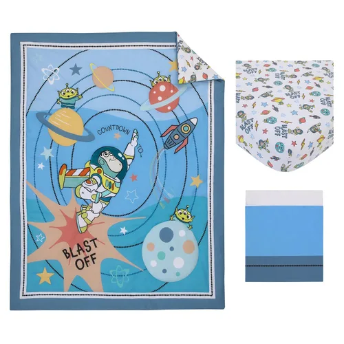 Vista 5 de NoJo Disney Toy Story Buzz Lightyear - Juego de ropa de cama para cuna de 3 piezas, color azul, naranja y amarillo, 100 % algodón