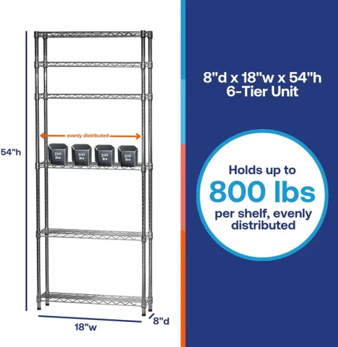 Vista 6 de Shelving Inc. Estantería de alambre cromado de 8 pulgadas de profundidad x 18 pulgadas de ancho x 54 pulgadas de alto con estantes de 6 niveles
