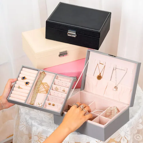 Vista 7 de Smileshe Joyero para mujeres y niñas, organizador de piel sintética con cerradura, 2 capas extraíbles de almacenamiento de viaje para anillos