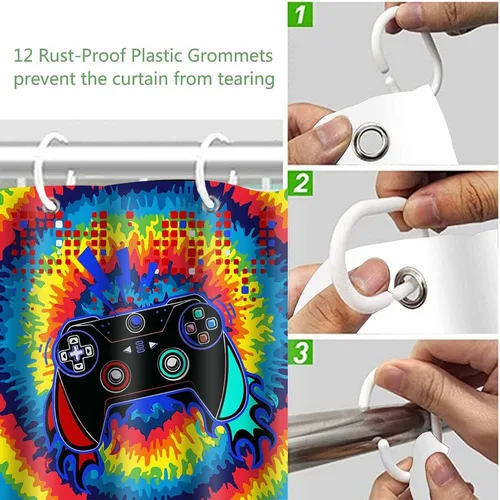 Vista 6 de Gdmoon Cortina de ducha para niños, videojuegos, colorido graffiti hip hop para niños, gamepad negro, moderno, fresco, regalo para niños