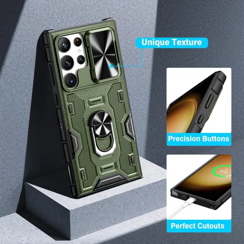 Vista 9 de VEGO Funda para Galaxy S23 Ultra con soporte, protector de lente de cámara deslizante y funda resistente con clip para cinturón, cubierta protectora
