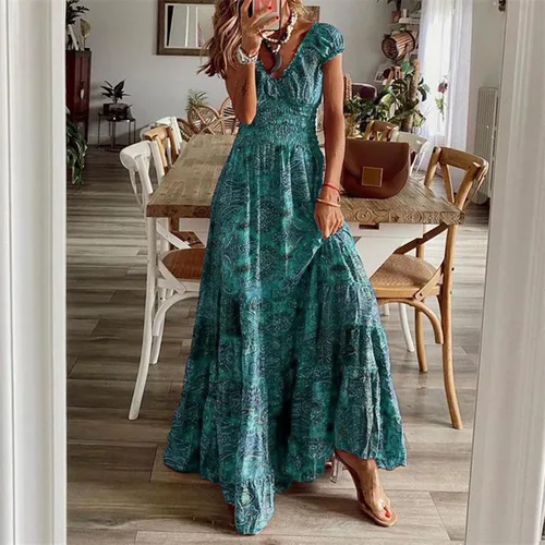 Vista 2 de Vestidos de verano para mujer, cuello en V, volantes, escalonados, vestido largo con volantes, estampado floral, vestido casual