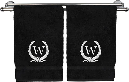 Vista 169 de Toalla de mano con monograma, regalo personalizado, 16 x 30 pulgadas, letra blanca bordada con diseño de corona en toalla negra, extra absorbente