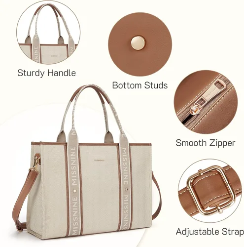 Vista 4 de Missnine Bolsa de lona para laptop de 15.6 pulgadas, bolsa de hombro para profesores, maletín para viajes, oficina, escuela, marrón, beige