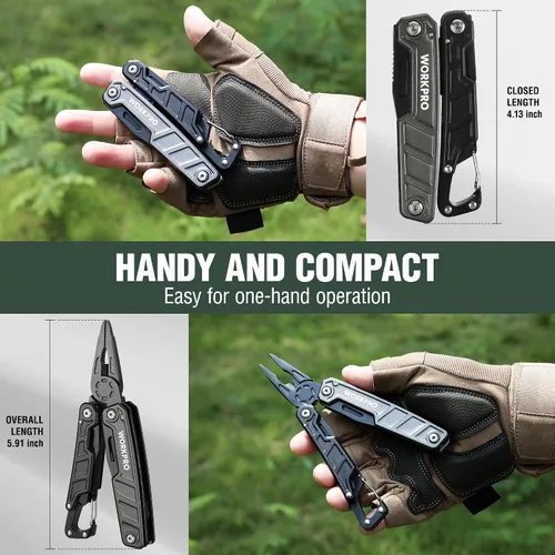 Vista 4 de WORKPRO Multiherramienta de 11 en 1 con alicates, clip de bolsillo y funda - Cuchillo multiuso EDC con cierre de seguridad - Cuchillo de bolsillo