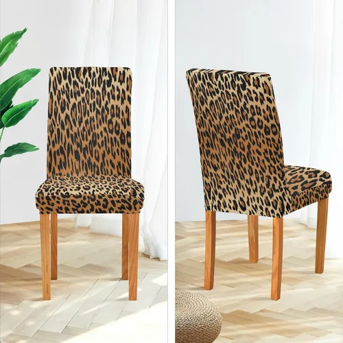 Vista 4 de Juego de 2 fundas elásticas para sillas de comedor con estampado de leopardo a la moda, fundas para sillas de cocina lavables, protector de asiento