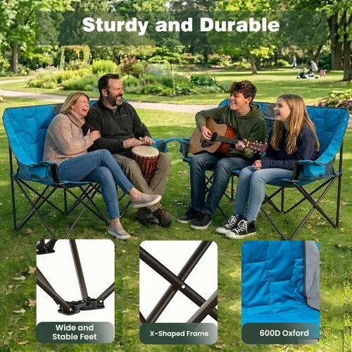 Vista 6 de SUNNYFEEL Silla Plegable Doble de Camping, Silla Loveseat Sobredimensionada, Silla de Césped Portátil/Plegable Resistente con Almacenamiento