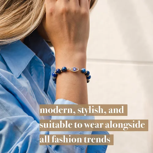 Vista 4 de VIBE MOOD ENERGY - Pulsera de protección Pulsera de cuentas de lapislázuli con dije contra el mal de ojo Pulsera de triple protección para aliviar