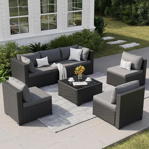Vista 10 de Juego de muebles de patio, sofá seccional de mimbre para exteriores Beige/Negro