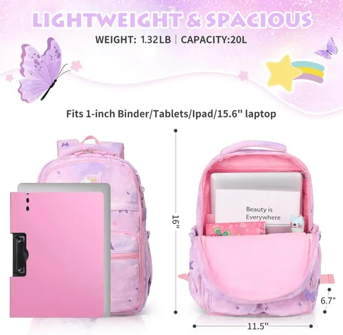 Vista 3 de Mochilas para niñas, escuela, lindas mochilas para niños, con lonchera aislada, juego para la escuela primaria, púrpura (Butterfly Purple), Urbano