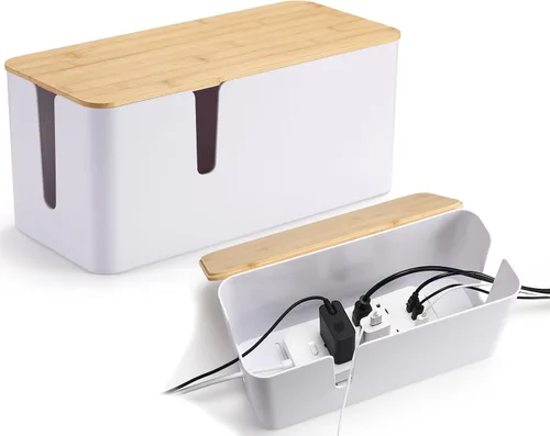Vista 9 de ZhiYo Caja Organizadora de Cables con Tapa de Bambú, Caja de Gestión de Cables ABS Segura para TV y Computadora, Cubierta de Madera Ocultador