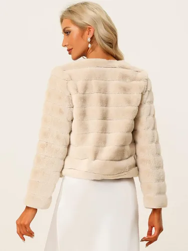 Vista 5 de Allegra K Abrigo chaqueta de piel sintética para mujer de manga larga recortado esponjoso sin cuello casual cálido de invierno ropa exterior